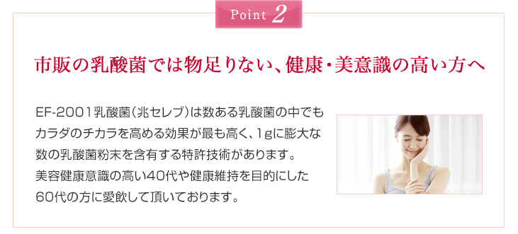 Point2 市販の乳酸菌では物足りない、健康・美意識の高い方へ